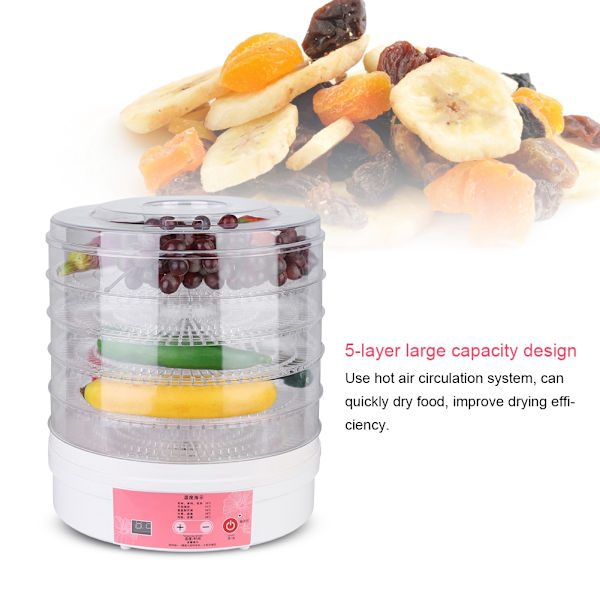 28cm 5-lags Intelligent Timing Elektrisk Fødevaredehydrator Frugt Grøntsags Tørremaskine US Stik 110-120V