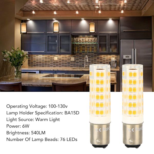 2 kpl BA15D LED-lamppua himmennettävä 6W kaksoiskosketin DC-pistokanta 540LM 76 LED lämmin valo 60W halogeenilamppujen vastine 100-130V