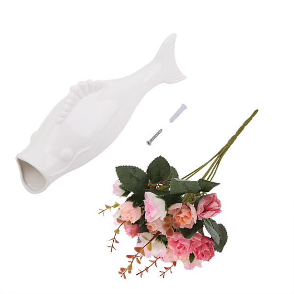 Elegant Hvid Fisk Formet Keramisk Væghængt Plantepotte Vase Dekoration (Vase med Blomst)