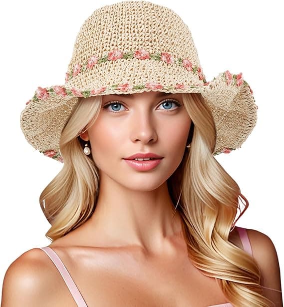 Solhatt – Damebøttehatt – Sammenleggbar og lett – Pustende – 60 cm hodeomkrets – 8,5 cm brem – For strand og hage – Håndvevd