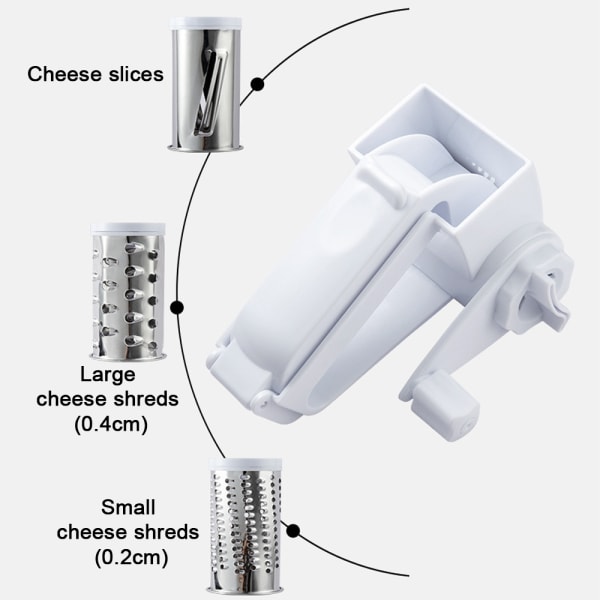 Pyörivä juustoraastin kahvalla, juustoraastin ruostumattomasta teräksestä valmistetulla rummulla, keittiövälineet, vihannesleikkuri, jauhin