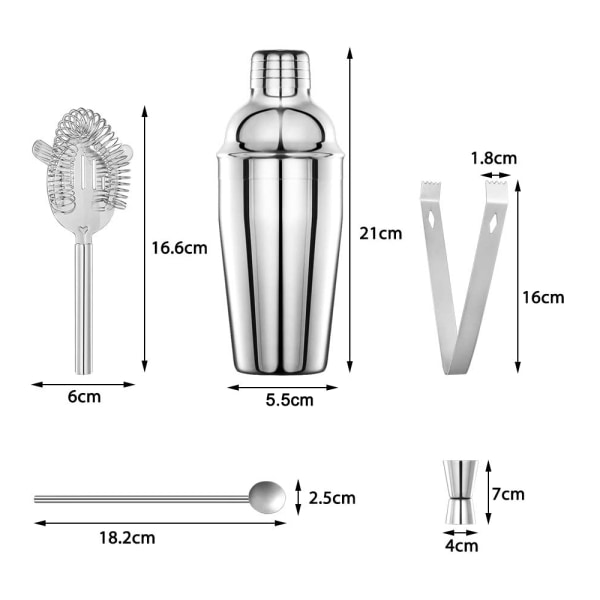 5-delad cocktailmixer bartender set cobbler shaker i rostfritt stål cocktail mixing shaker set med sil, istång 550 / 750ml