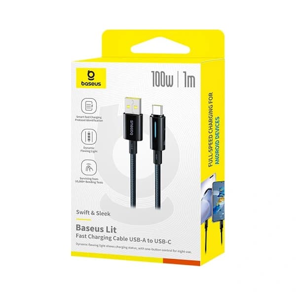 Opplyst knappekontroll hurtiglading datakabel USB-A til USB-C 100W 1m Cosmic Black