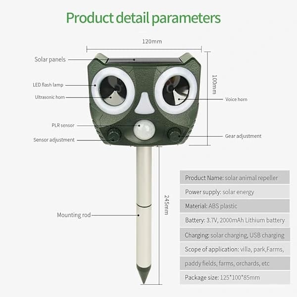 Ultraljudsdjursavvisare för utomhusbruk, sol-/USB-driven (med LED-blixt)