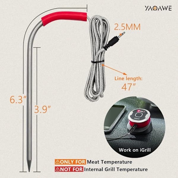 2-pack iGrill kötttermometerersättning för Weber gas- och SmokeFire pelletgrillar, 2,5 mm plugg temperaturprob tillbehör med 2 probgrillklämmor