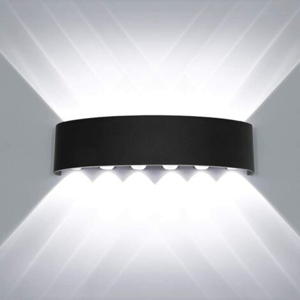 Indendørs LED væglampe 12W sort aluminium, moderne væglampe op og ned spotlampe til stue soveværelse gang trappe gangsti (koldt hvidt)