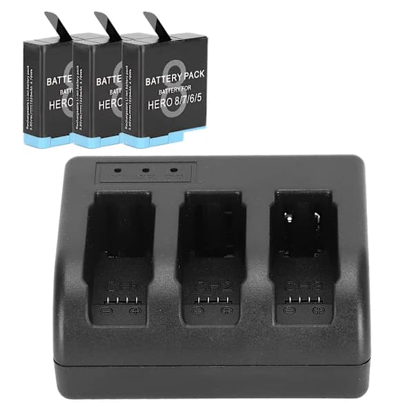 8 7 6 5 Sort genopladeligt batteri og 3-kanals oplader