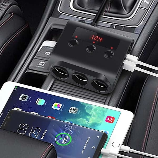 Cigarettænderadapter 3 udgange med spændingsdisplay USB-biloplader