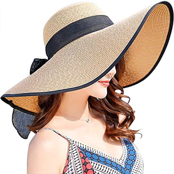 Womens Big Bowknot Straw Hat Large Floppy Foldable Roll up Beach Cap Sun Hat Summer UV Protection Beach Cap