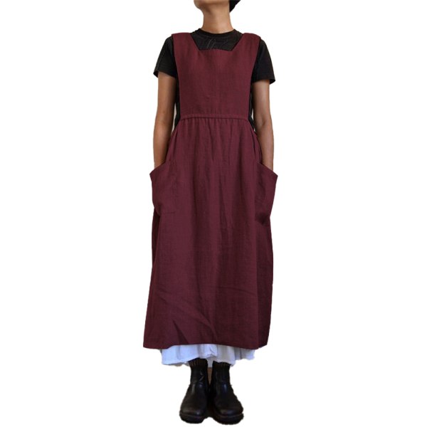 Women Dress Casual Loose Solid Pinafore Long Straps Apron Cotton Linen Overall Dresses with Pockets