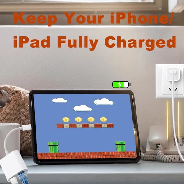 Lightning till Ethernet-adapter med laddning, [Apple MFi-certifierad] RJ45 till Lightning Ethernet LAN-nätverksadapter, stöder 100 Mbps höghastighets-Ethernet