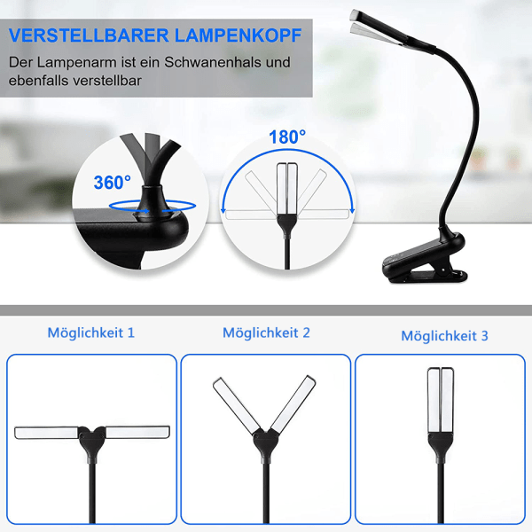 14 LED-læsningslampe bogklemme med 2 hoveder, Electight USB genopladelig klemmelys boglampe med 3 lystilstande, kontinuerligt dæmpbar,