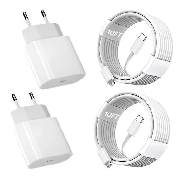 iPhone11 12 13 14 Snabbladdare, 2-pack 20W iPhone-laddare Snabbladdningsblockadapter med 3m USB-C till Lightning Data Sync Laddningskabel för