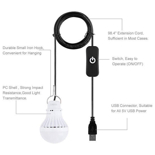5W 5V USB Camping Lys Bærbar LED Pære Utendørs Lys med Berøring Dimmer 2.5m Ledning Telt Lys Nødlys