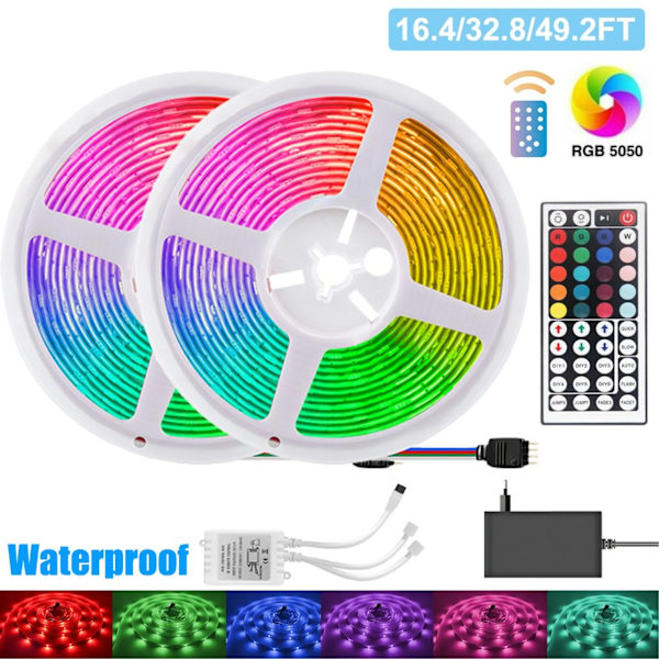 10M IP65 Vanntett Innendørs Utendørs RGB Lysstripe│LED Stripe Lys│Dimbare Lysstriper│Fjernkontroll Stripe Striper│Selvklebende