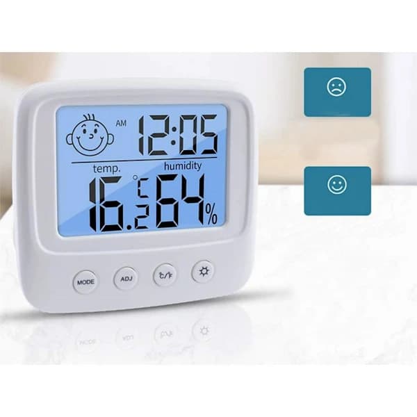 Hygrometer, termometer og klokke - 3-i-1 hvit