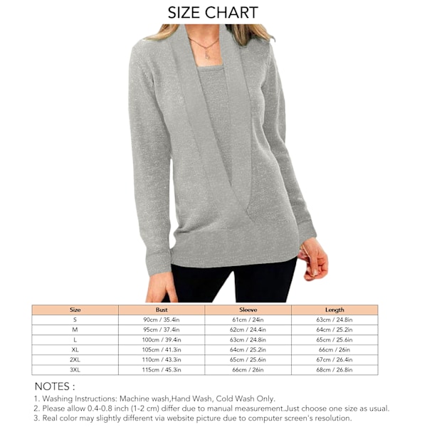 2 i 1 Långärmad Tröja Casual Enfärgad Lös Mjuk Elegant Bekväm Pullover Blus för Kvinnor Grå XL