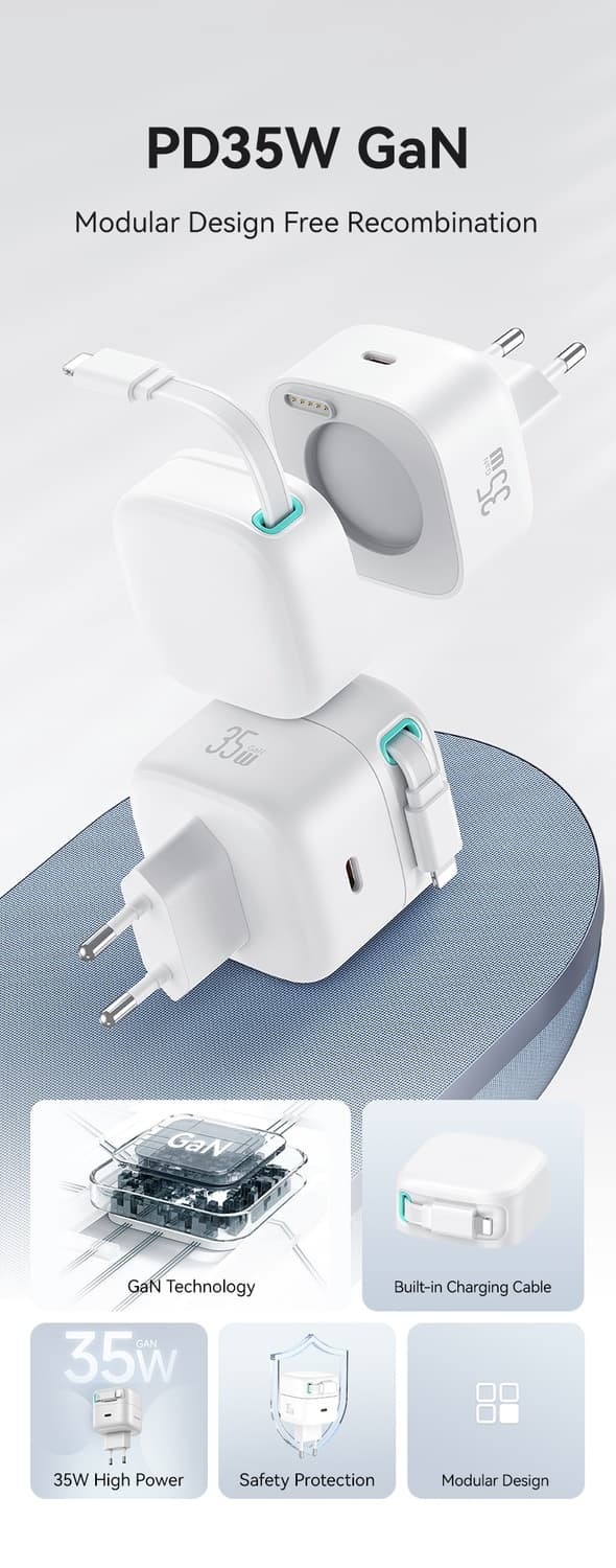 iPhone snabbladdare kompatibel PD35W - Dubbelport GaN utdragbar Vit