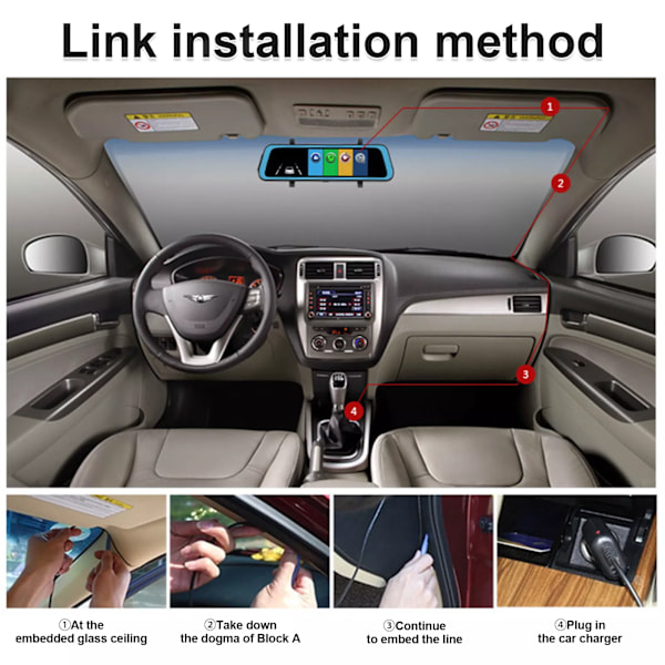 Avancerad backspegelkamera med 10-tums IPS-pekskärm, utrustad med 1080P dubbla linser, erbjuder trådlös Carplay och Android Auto-kompatibilitet, plus