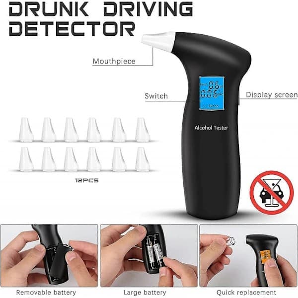 Alkometer, Præcist Alkometer, Professionelt Politi Alkometer, Udstyret med 12 Testdyser og et LCD-display.