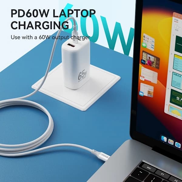 Opladerkabel 1m 60W – Hurtig data og opladning til iPhone, Samsung, iPad & Android Hvid