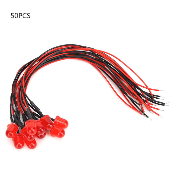50 stk. 12V 8mm lyse kromatiske LED-pæreperler med 20CM 26AWG ledning til elektrisk ledningsevneRød & Rød