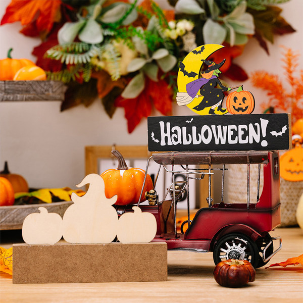 Happy Halloween trä mittpunktsskyltar - Halloween bordsdekorationer Trick or Treat bordsskyltar med häxhatt Goast pumpa formad