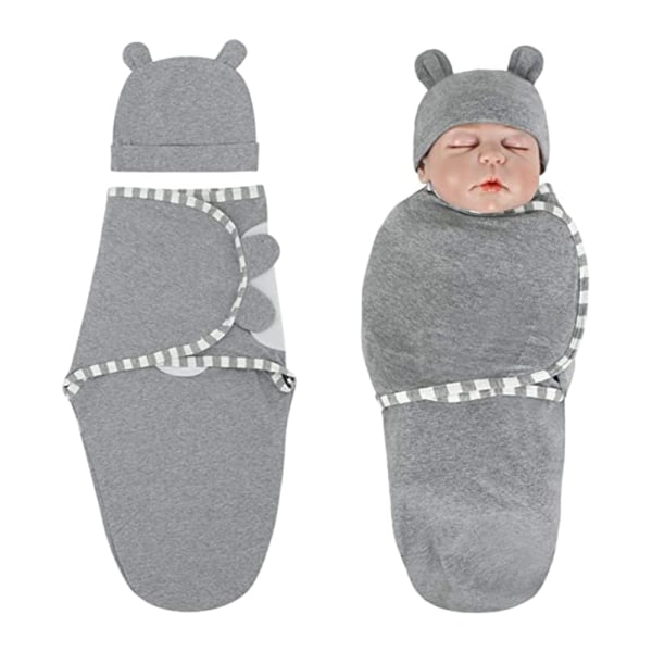 Baby Swaddle sovsäck med hatt set för 0-3 månader, blå Grey