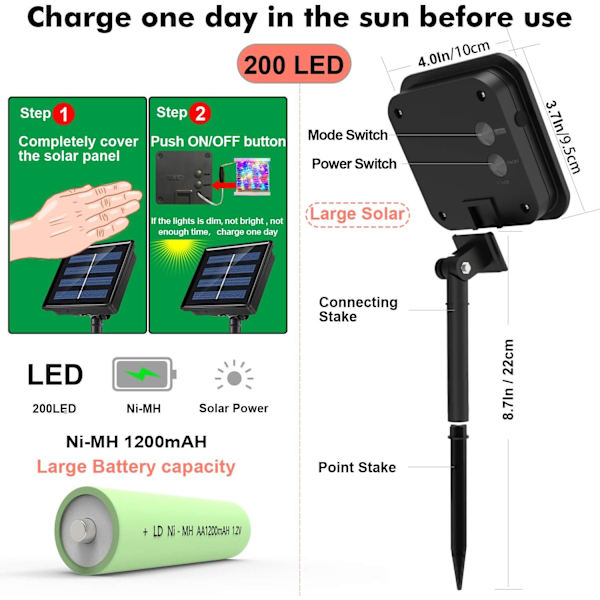 Solcells drivna ljusslinga 2-pack 22m 200 LED 8 lägen Vattentät IP65 Blinkande belysning Inomhus Utomhus Fe älvlampor Auto