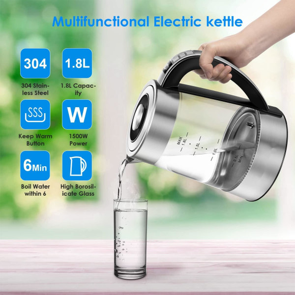 Electric Glass Kettle, 1.8 L, Adjustable Temperature, LED Interior Lighting, Keep Warm Function and Dry Run Protection, BPA Free, 1800 W