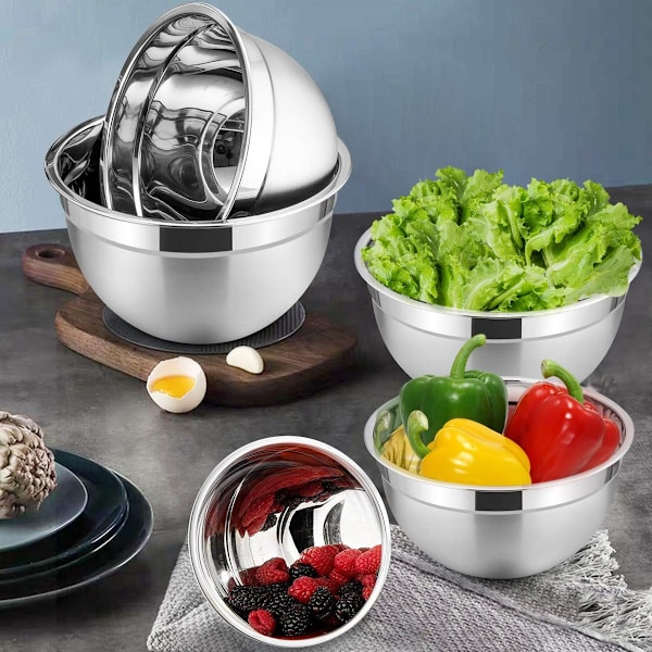 Rostfria Skålar Set, Lufttäta Lock & Halkfri Botten - Utrymmesbesparande Stapelbar Design för Matlagning, Bakning & Matberedning