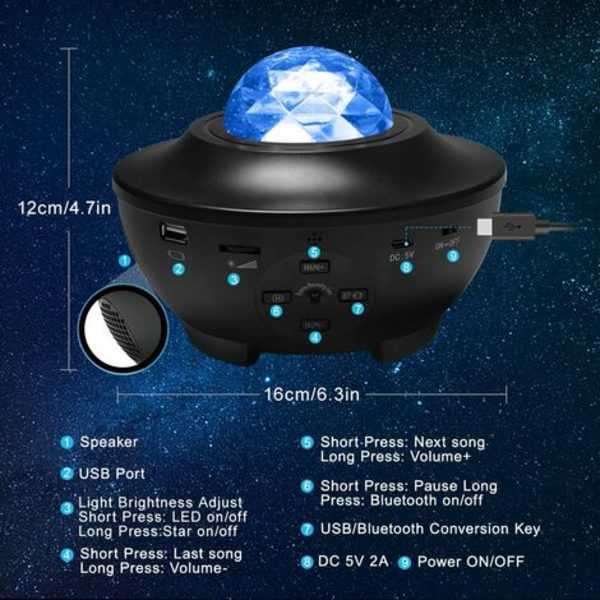 Stjerneprojektor, LED Galaxy Ocean Wave Projektor Natlys Projektor med Bluetooth Højttaler, Fjernbetjening Farveskiftende Stjernehimmel