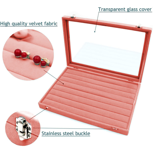 Ringboks Smykkeopbevaring Fløjlsdisplay Smykkeskuffe Med 7 Rum Og Låg - Med Klart Glaslåg Til Ringe Øreringe