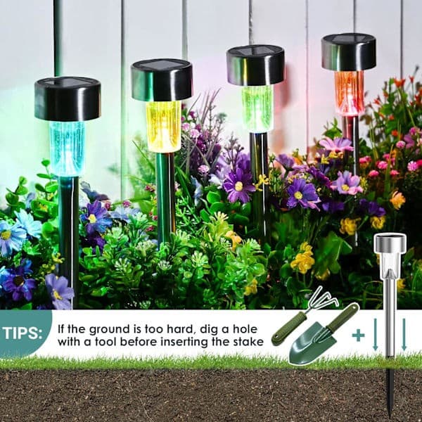 Udendørs farvede solcellelamper, rustfrit stål, trådløse LED-lys, 12-pak, 4,5*29,5 cm