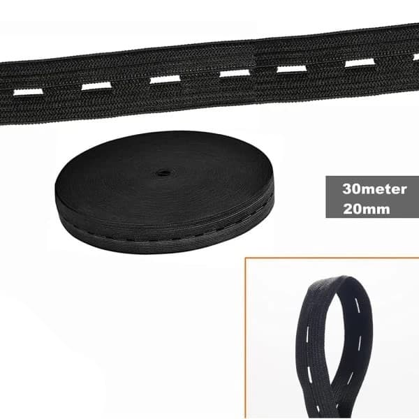 30 m x 20 mm elastisk bånd med knapphull, flatt hull elastisk