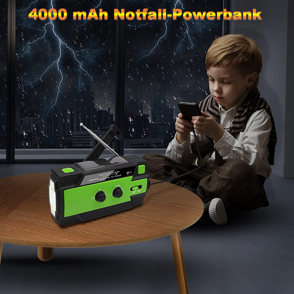 Solar Radio AM/FM vevradio Bärbar USB uppladdningsbar nödradio med 2000mAh Power Bank, LED-ficklampa, SOS-larm och handvev Grün