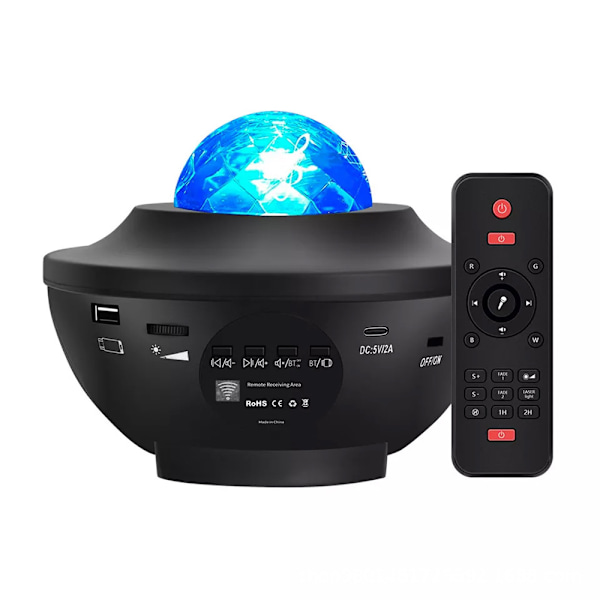 Stjerne LED-projektor Stjerne Galaxy-projektorlampe 21 lysmoduser 360 ° roterende bølge Bluetooth-høyttalerboks timer
