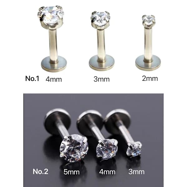 3 st Labret med sten, Kirurgiskt Stål Nr 1, längd: 6mm