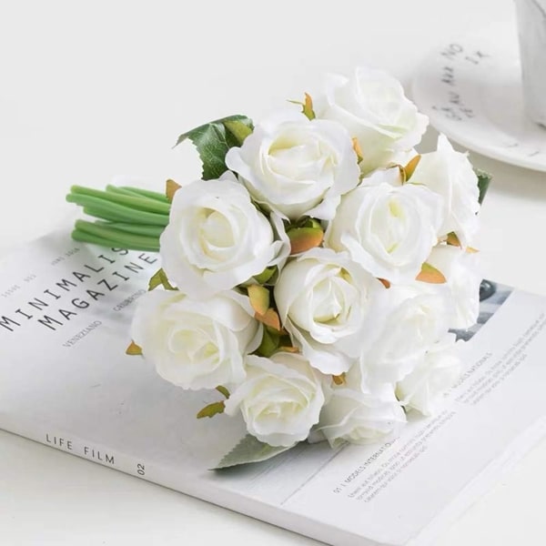 Artificial Roses Flowers 12 Heads Arrangement Silk Bouquet for Wedding(Blue and White)