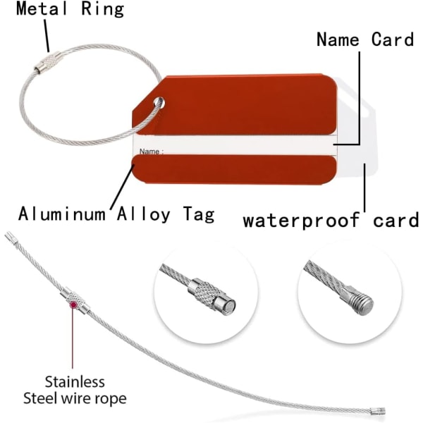 6-pack aluminium bagageetiketter, 7,7 x 4 cm bagageetikett reseväskans etikett med adressbricka rostfritt stålkabel vattentätt kort för