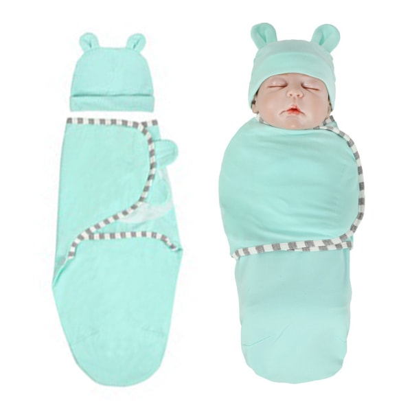 Baby Swaddle sovsäck med hatt set för 0-3 månader, blå Green