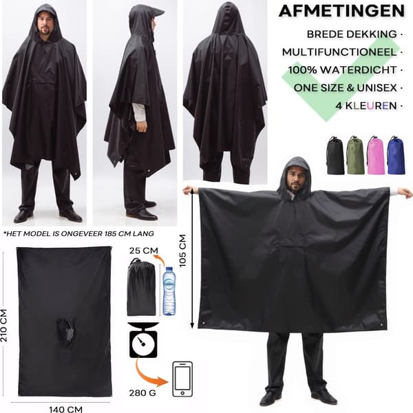 Regnponcho med opbevaringspose - Vandtæt regnponcho - Hurtigtørrende cykelregnponcho - Vindtæt - Unisex - One size