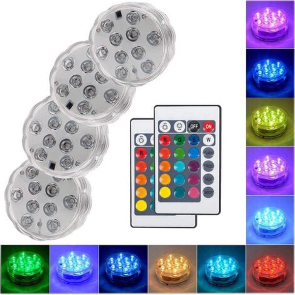 4 LED nedsenkbare lamper med 2 fjernkontroller, batteridrevet, nedsenket lyspunkt for utendørs, RGB, ideell for en vase