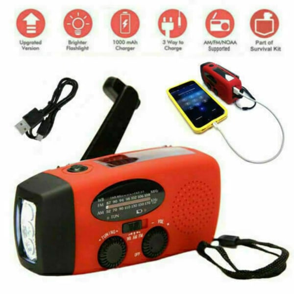 HOT Emergency Solar Handvev AM FM Väderradio LED-ljus USB Laddare Utomhus