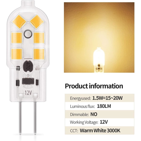 G4 LED 1,5W glödlampa, 180LM, AC/DC 12V belysningslampor motsvarande 20W halogen, varmvit 3000K, ej dimbar, ersättning för räckvidd