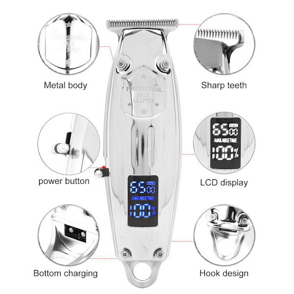 LCD-display Elektrisk Hårtrimmer Hög Effekt Gyllene Hårtrimmer Stylingverktyg för Män Silver