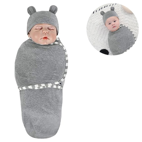 Baby Swaddle sovsäck med hatt set för 0-3 månader, blå Grey