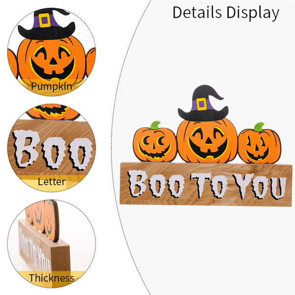 Happy Halloween trä mittpunktsskyltar - Halloween bordsdekorationer Trick or Treat bordsskyltar med häxhatt Goast pumpa formad
