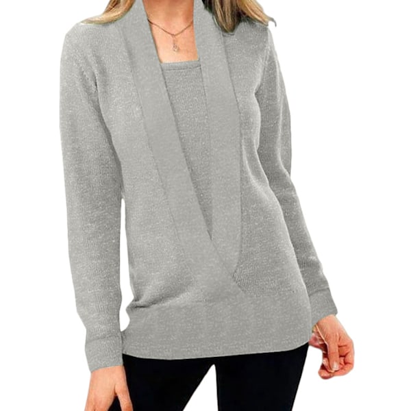 2 i 1 Långärmad Tröja Casual Enfärgad Lös Mjuk Elegant Bekväm Pullover Blus för Kvinnor Grå XL