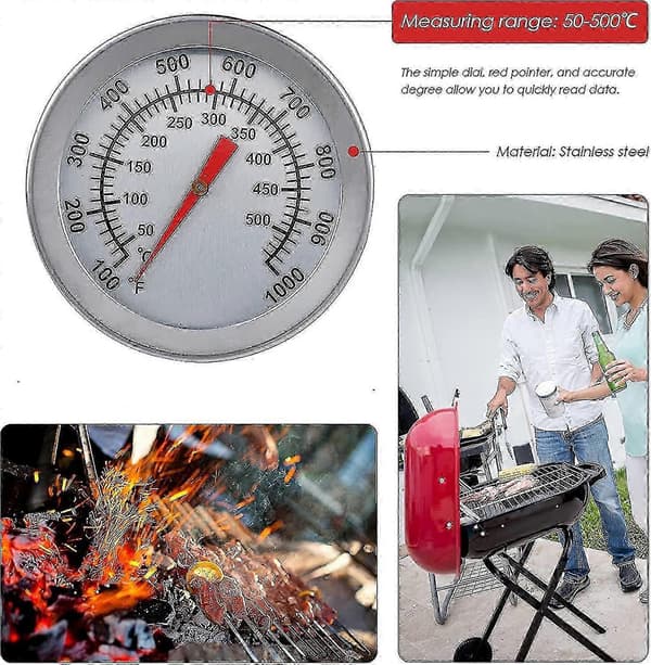 Grilltermometer i rostfritt stål - 500°C/1000°F analog ugnstermometer för pizzaugnar, grillar och vedeldad matlagning_DP